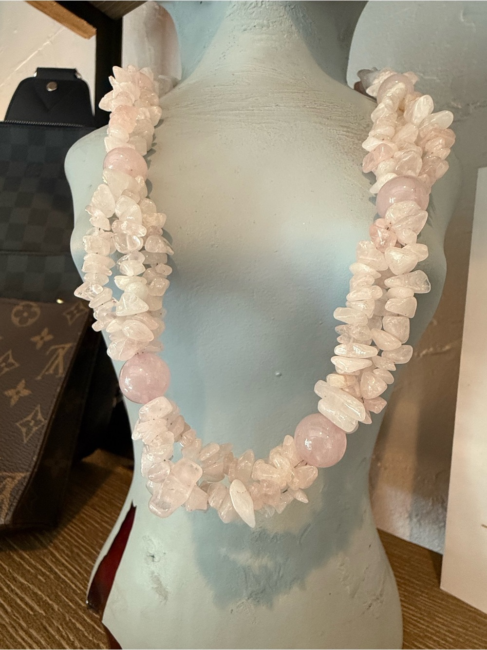 Rose Quartz Chip Necklace with Bead Accents - Women Jewelry
